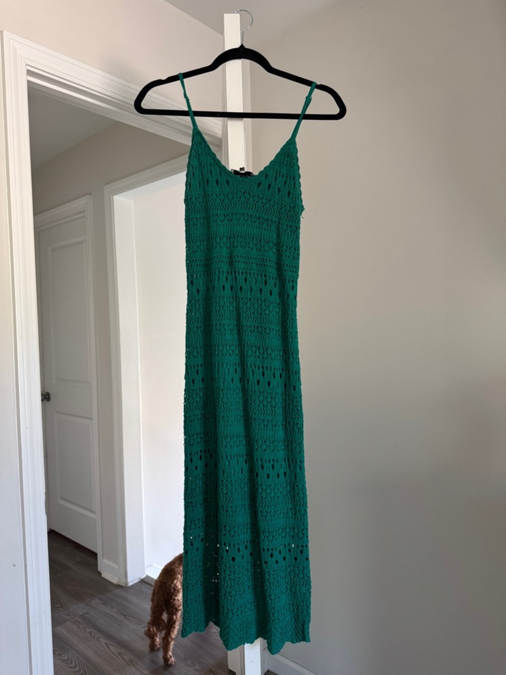 Green Crochet fitted midi Dress with Spaghetti Straps